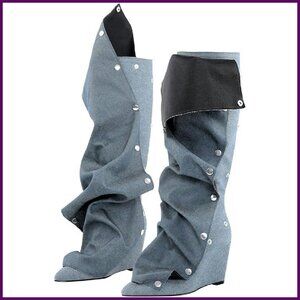 Knee High Wedge Heel Boots Vegan Leather Slouchy Foldover Pointed Toe